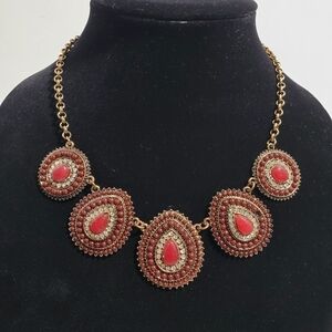 Antique Goldtone Burgundy and Rhinestone cabochon fashion statement necklace